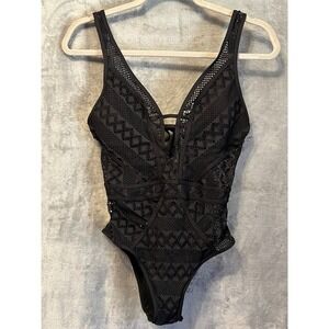 Becca Black Crochet One Piece Swimsuit S Plunge Lace Up Back Cutout Small